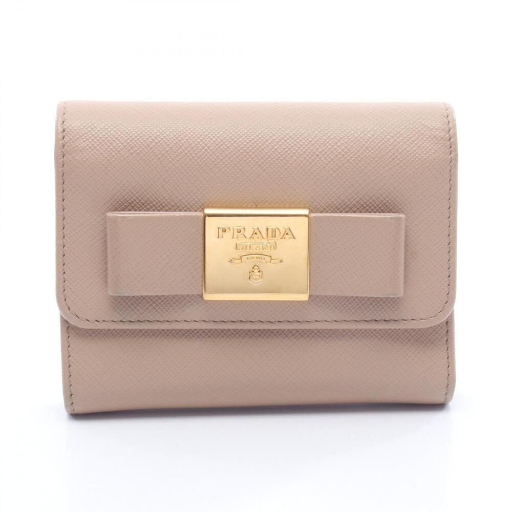 Prada Trifold Wallet Ribbon Saffiano Leather Beige Tan